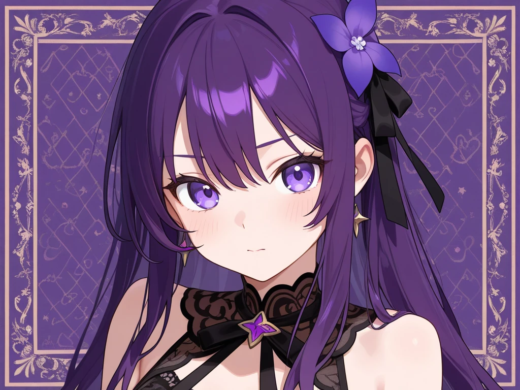 Demon girl in Japanese , purple eyes and bright purple wavy hair