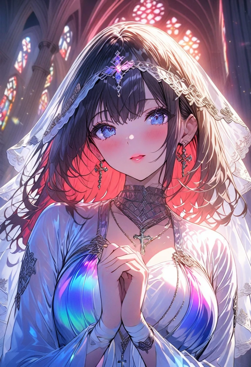 Close-up of woman, veil, dress, neon lights, fantasy, attractive portraiture, high resolution, high quality, highly detailed, beautiful, detailed complex drawing