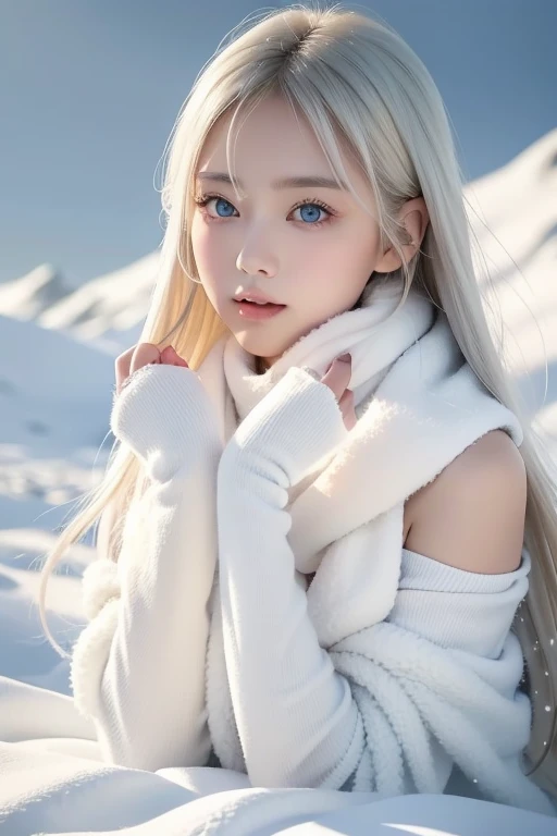 (Practical:1.2), analog photography style, Scandinavian female warrior, Fantastic snowscape, gold braided hair, whole body, Soft natural light, Cute and sexy, pleasure, Delicate face and blue eyes, Good quality, masterpiece, Detailed northern background, quality: 16K, original photo