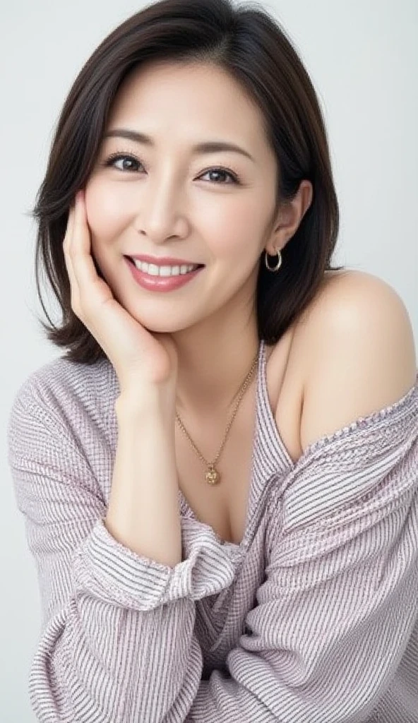 (highest quality, 8k, 32k, masterpiece, Ultra-high resolution:1.2),Beautiful Japanese Women Photos, (D cup breasts),(Standard body shape)、Short black hair、Bob Hair,(Pink Sweater:1.6), necklace, Simple Background, smile、Red lipstick, View your viewers,