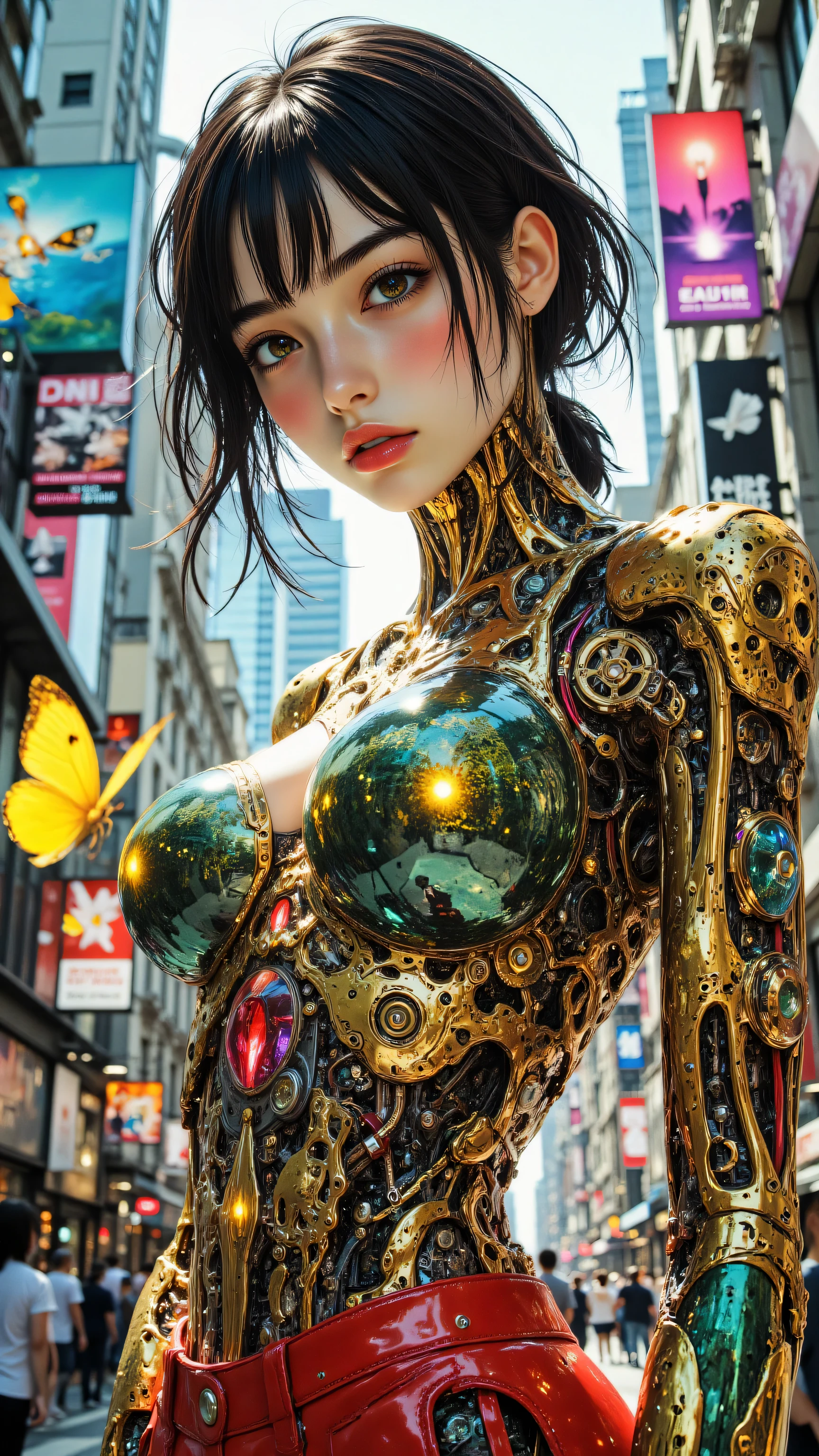 Beautiful young woman, Beautiful big breasts, Front opening shirt, Body painting with pop designs drawn directly all over the body, heart shapes, Pop Art Design, cutting edge fashion, innovative, The center of attention, newyork, special art design, pubick hair, cameltoe details, nipples-design, Beautiful background, Futurism, sparkle, Conceptual art, super detail, ccurate, high details, anatomically correct, Outdoors, Beautiful Landscape Forest, castle,