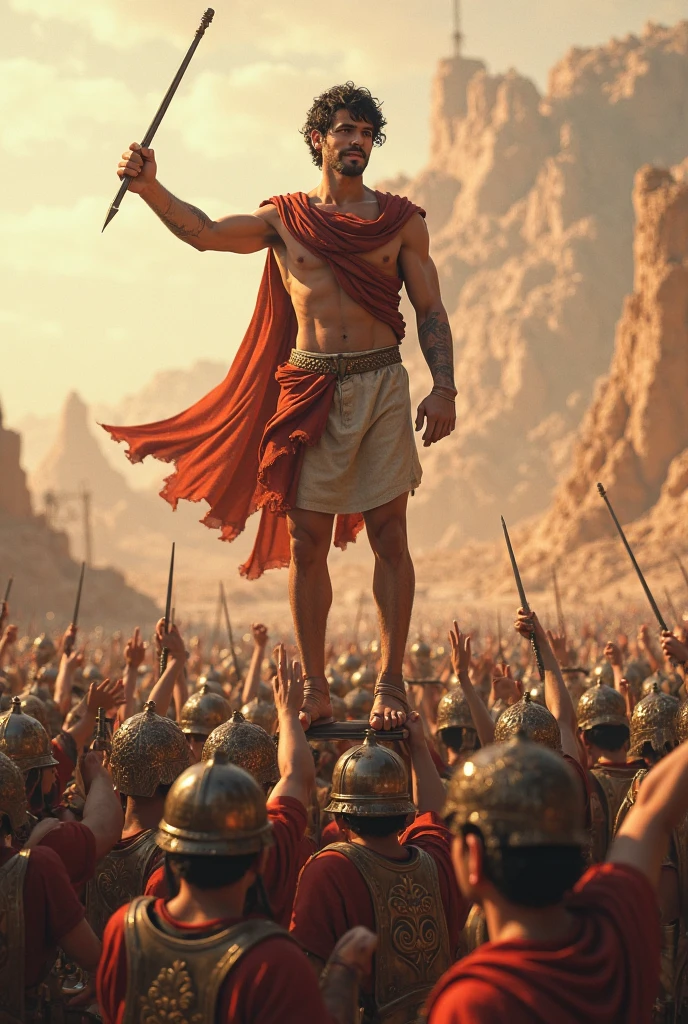 A triumphant scene where young David, a dark-skinned Black teenager, stands victoriously over the fallen body of Goliath. David is holding Goliath's massive sword high above his head, symbolizing his victory. His expression is a mix of relief and exhilaration, with sweat on his brow from the intense battle. Goliath, a towering Black giant, lies defeated on the ground, his bronze armor shattered, and his face frozen in shock. In the background, the Israelite soldiers are running towards David, cheering and celebrating, while the Philistine soldiers flee in fear. The sky, once dark and cloudy, is now breaking with rays of golden sunlight shining down on David, highlighting him as the hero of the day. The scene is vibrant, emotional, and drawn in a Disney-Pixar-inspired style, with rich colors and expressive characters. Disney pixar style 3D animation.