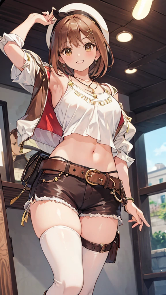 Ryza, 1 girl, With two people, shorts, gloves, belt bag, have, head ribbon, jewelry, (red shorts), brown hair, thighs thighs thighs, short shorts, bridal leg wear, necklace, brown eyes, single glove, hair ornaments, Barrette, star necklace, shoes without toes, leather, star (symbol), white hat, Brown gloves, Knee-high boots, short hair, thighs thighs thighs, leather Belt, brown belt, leather gloves, Jacket, blue belt, belly button, thigh boots, ノースリーブJacket, thigh pouch, white thighs, clavicle, 黄色のJacket, brown shoes, cleavage, huge breasts, ((alchemy)), ((footjob)), (((close up of penis))), (((open your legs))), ((footjob)), (evil smile), (((angle from below)))、((foot on penis))、((cum))、open your lips、 Grinning smile、perfect proportions、(((Kickboxing)))、((in her room))、((kick the penis))、(she kicks the guy)、(((Mixed wrestling))), (((She is knee striking))), ((1boy)), (man falling down)、((penis)), (((eject cum))), ((cum on leg)), Semen comes out of the penis, (penis on her leg), kicking、raise your knees、((kicking penis))、