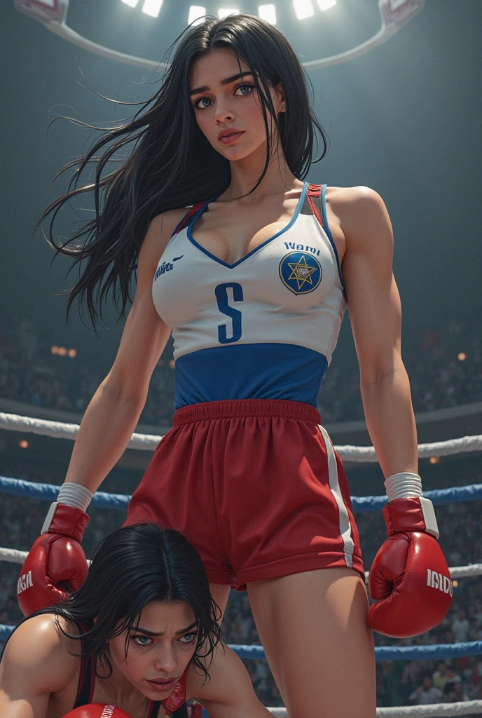 a beautiful female fighter in a bright colored wrestling outfit, detailed facial features, strong muscular body, dynamic action pose, WWE wrestling ring with logo, brunette hair, cinematic lighting, photorealistic, 8k, highly detailed