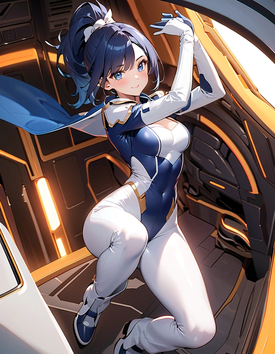 girl、confident face、earrings、thin、Outstanding style、modest chest、Goggles on foreheadをつけている、small ass、A thin 、belly button、high neck、white wetsuit with front zip(Separate tops and bottoms design)、Work gloves、Goggles on forehead、brown skin、middle hair、thin、cleavage、choker、thinウエスト、