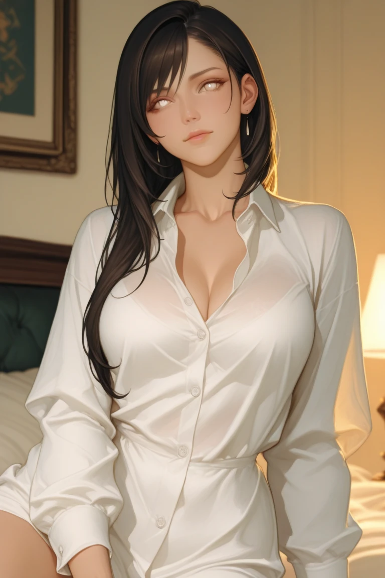 masterpiece, best quality, absurd, Perfect anatomical structure, Unity 8k Wallpaper,Best Animation,Cowboy shooting,20-year-old beauty、Boya Hancock,Black Hair,Long hair,Middle-parted bangs,slim body,Large Breasts,a smile,Shy look、Turn your body towards the audience,sitting,、White long-sleeved shirt、Collared shirt、Dark blue pleated mini skirt、Simple bed、Simple bedroom、