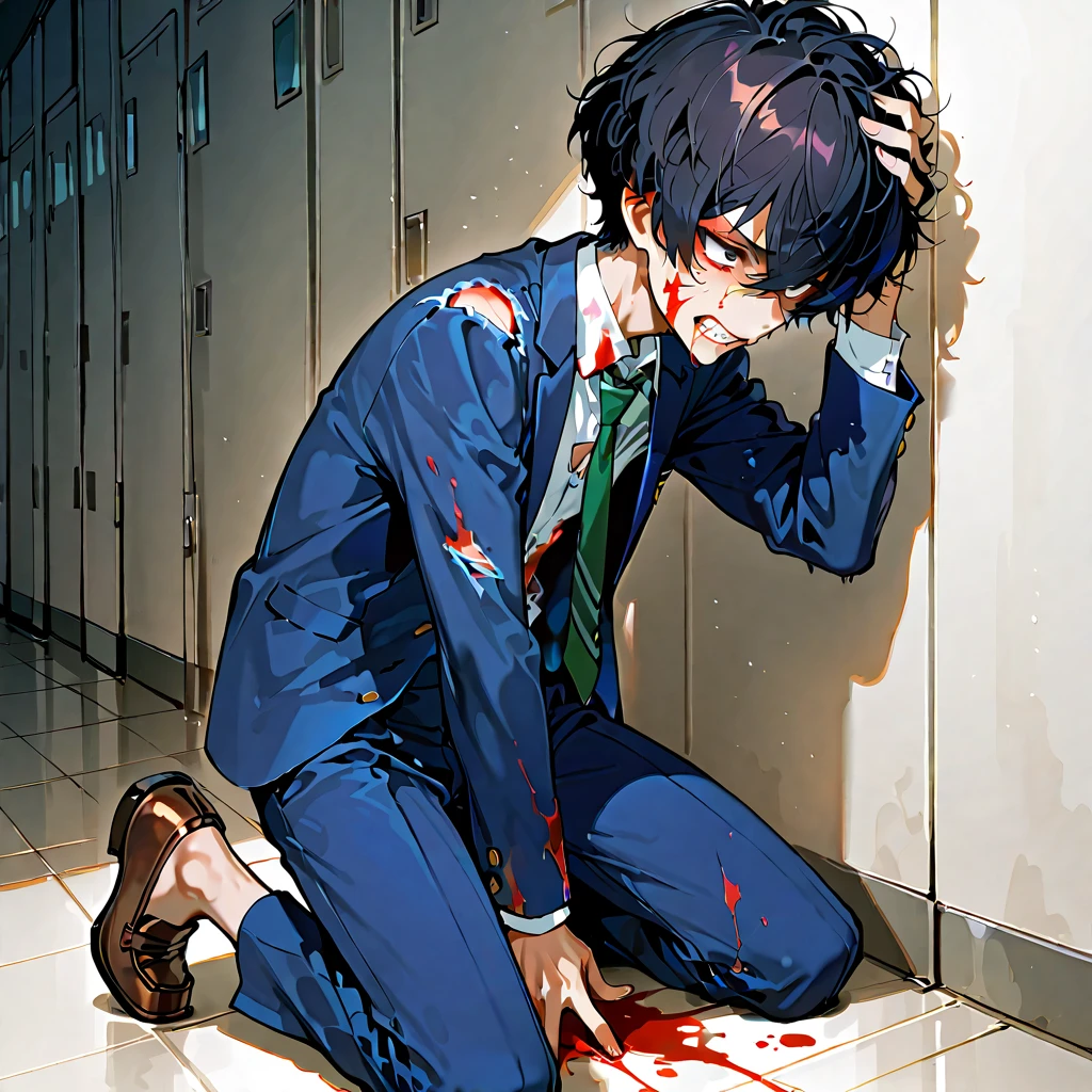 1 girl, by the wide. violet hair, Red eyes, vampire fangs, Angry, dressed in a black suit, walking down a hallway, soaked in blood