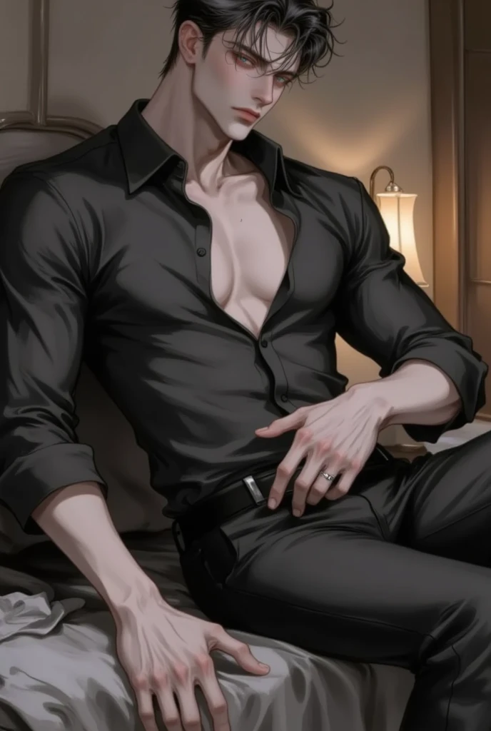 (masterpiece), best quality, seductive eyes, perfect face, handsome man, red eyes, short messy black hair, long nose, topless, long black pants, black sneakers, full body, extremely tall man, long legs, long calves, anime cover, 1boy, ear piercings, adult-like look, there's a beautiful background, bad boy