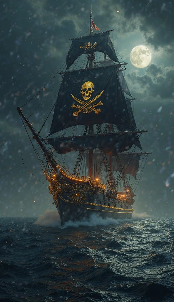(best quality, 4k, 8k, highres, masterpiece:1.2), ultra-detailed, (realistic, photorealistic, photo-realistic:1.37), a ultra realistic pirate ship flying a black flag of skull and crossbones on a stormy ocean battling another pirate ship, high res