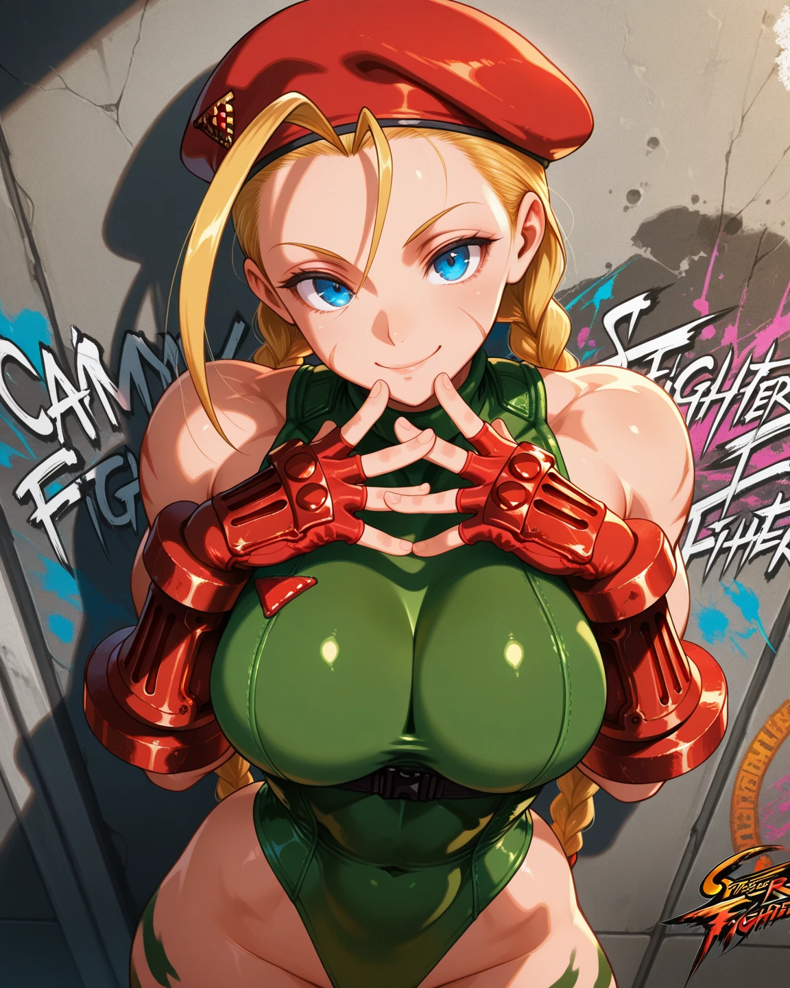 (high quality, best render), (beautiful girl, cammy), (bomb, pin-up style), hot, floss, perfect body, fitness, bedroom, blonde, two long braids, elaborate hair, crazy face, body turned forward, light green leotard, red beret, combat boots, pastel, center, scales to dimensions,, Close-up of the face, mouth wide open, tongue out, beautiful tongue, closing eyes, large amount of saliva dripping, ecstasy, beautiful teeth, a large amount of cloudy liquid dripping from the mouth, hands in the mouth, shot from above