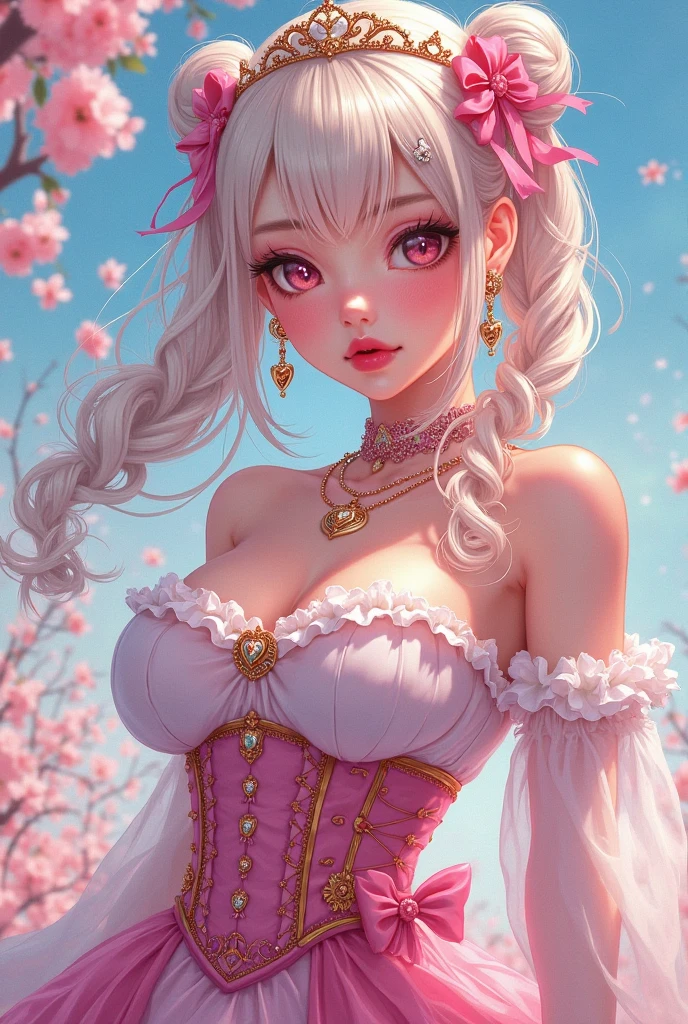 In front of the rose gate、Pink Dress、Large, clear eyes、high resolution、Ultra delicate、Looking this way and smiling、Beautiful face、Super Beauty、Slender body、Surrounded by roses、Luxury dress、High-grade fabrics、Surrounded by roses、In the sunshine