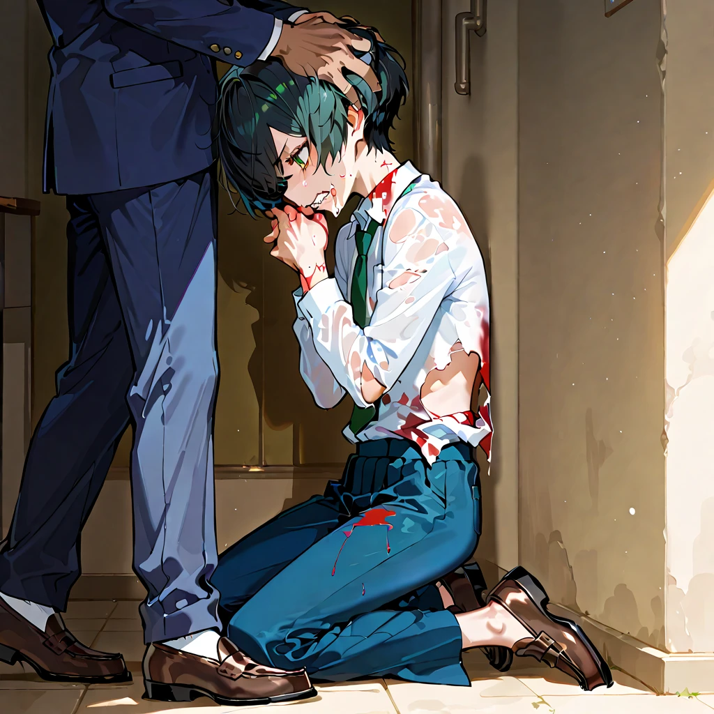 Male, 1boy, Laid on the floor, cement floor, covered in blood, short green hair, tuxedo, green eyes, open wounds, bleeding out of the mouth, injured