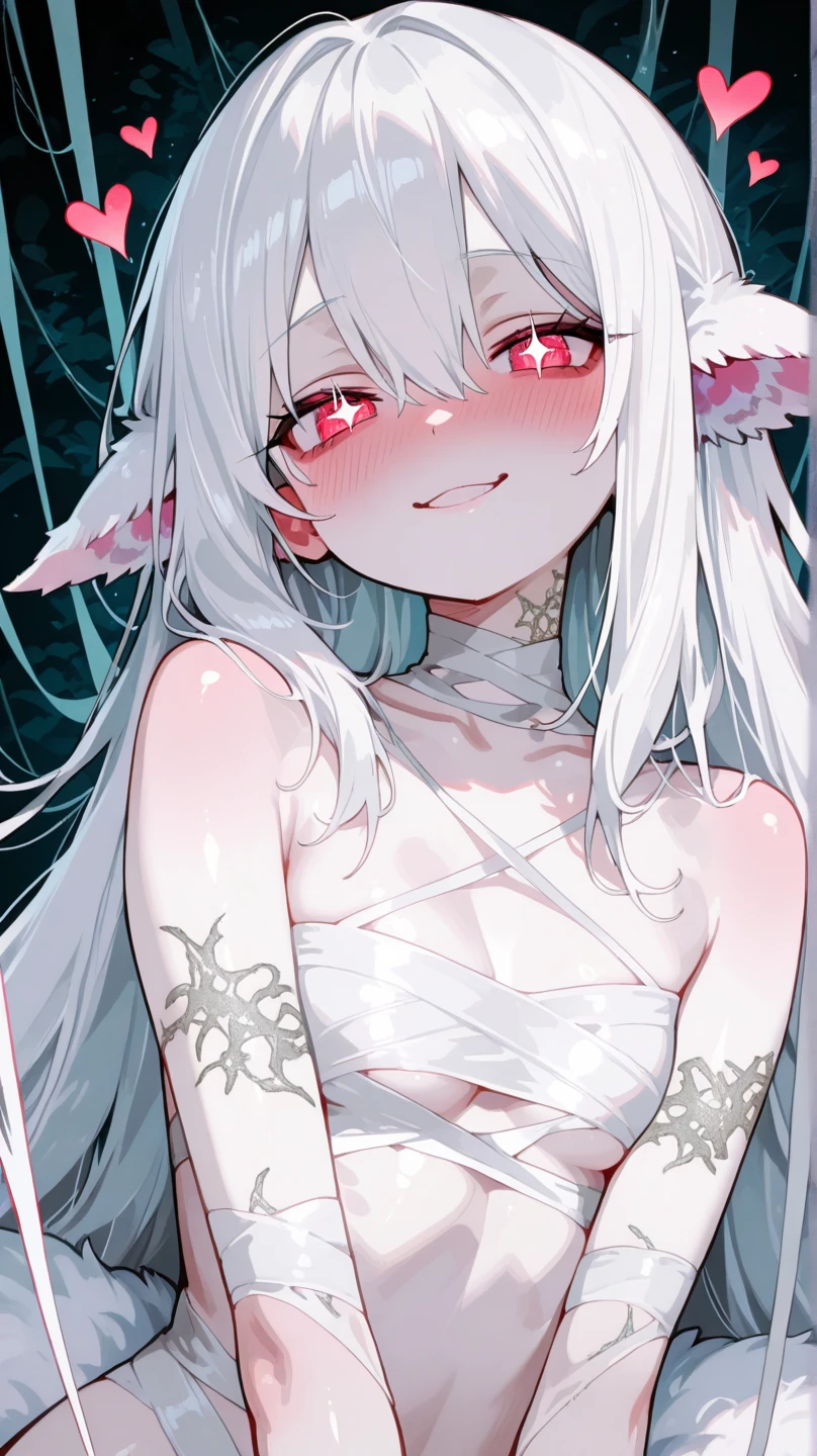 (Masterpiece, Best quality, ultra high resolution),1girl, grey hair, pointy ears, (multicolored hair,pink,blue,yellow),(oni girl👹),(pale skin),beautiful and detailed face, detailed eyes,open clothes,on the magic forest, cloudy sky,fog, night (grey theme),(((nsfw)))