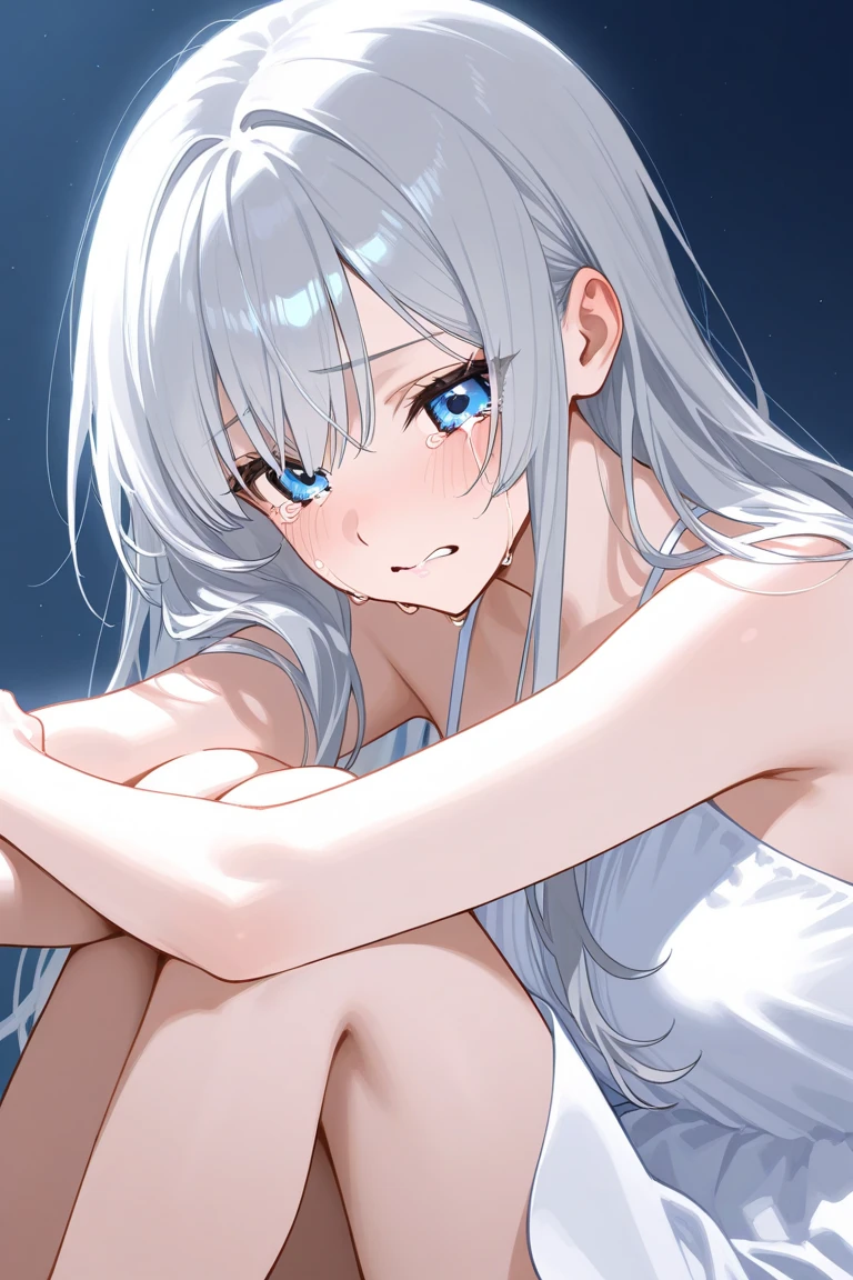 Highest quality,Ultra-wide angle composition、Scenery of white bird feathers falling,A world of silver、,Breathtaking, Ultra-Realistic Images,Fallen Girl, Long white hair, Blue Eyes, Small breasts, Sexy pose wearing white, Violently tousled hair,Overaction,cushion, Lots of light, On all fours、Raise your right hand high into the air,Gazing high into the sky,White liquid rain falls from heaven,White liquid on the face、Pose of leaning on a man's stomach、Stick your butt out、White liquid on the face,Inside the vast crater、Rear view