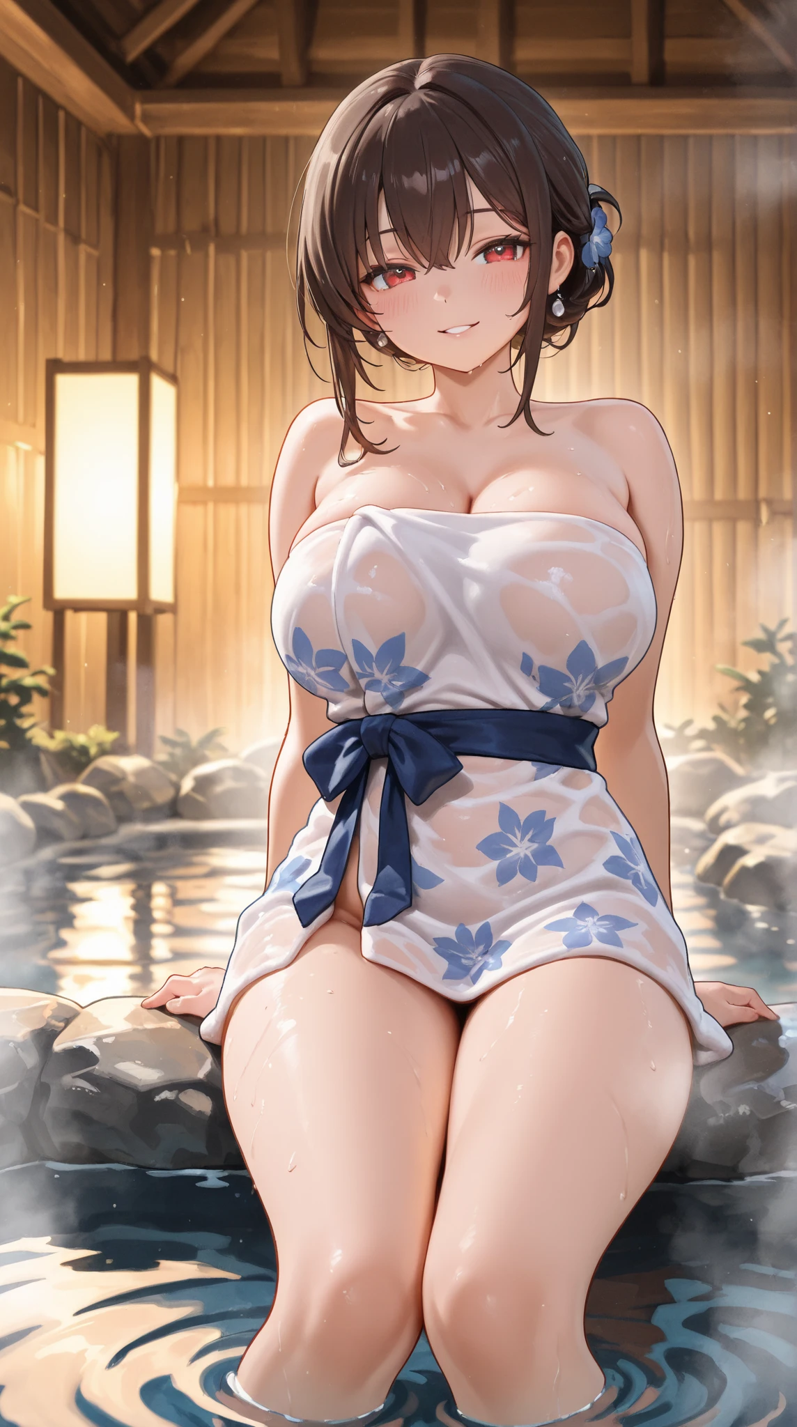 幼いBeautiful breastsの美少女、、naked、After the climax(blush:1.5)、Embarrassed、Beautiful Skin、Open yukata、Beautiful breasts,Tied up hair、hot spring