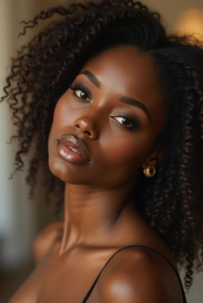 A captivating and romantic image of a stunning black girl wearing black bikini at the beach