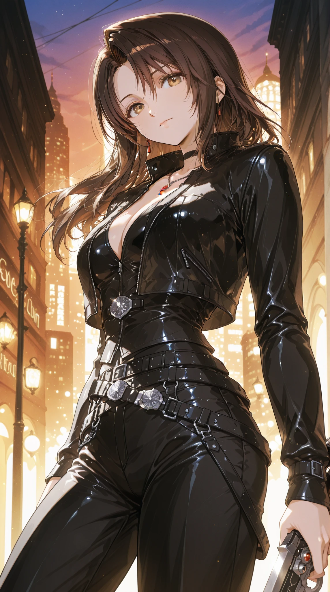 (masterpiece, best quality, detailed), 1girl, solo, looking at viewer, chiori, hair ornament, flower, hair flower, long hair, choker,
leather jacket, leather pants, strapless bra, black jacket, tight pants, black chocker, zipper, fingerless gloves, biker clothes, spikes, unzipped, shoulder spikes, multiple belts, shiny clothes, high collar, stairs, indoors, stairwell, dark, night, shadow, fighting stance, clenched hands, legs apart, smile, closed mouth, v-shaped eyebrows, smug
