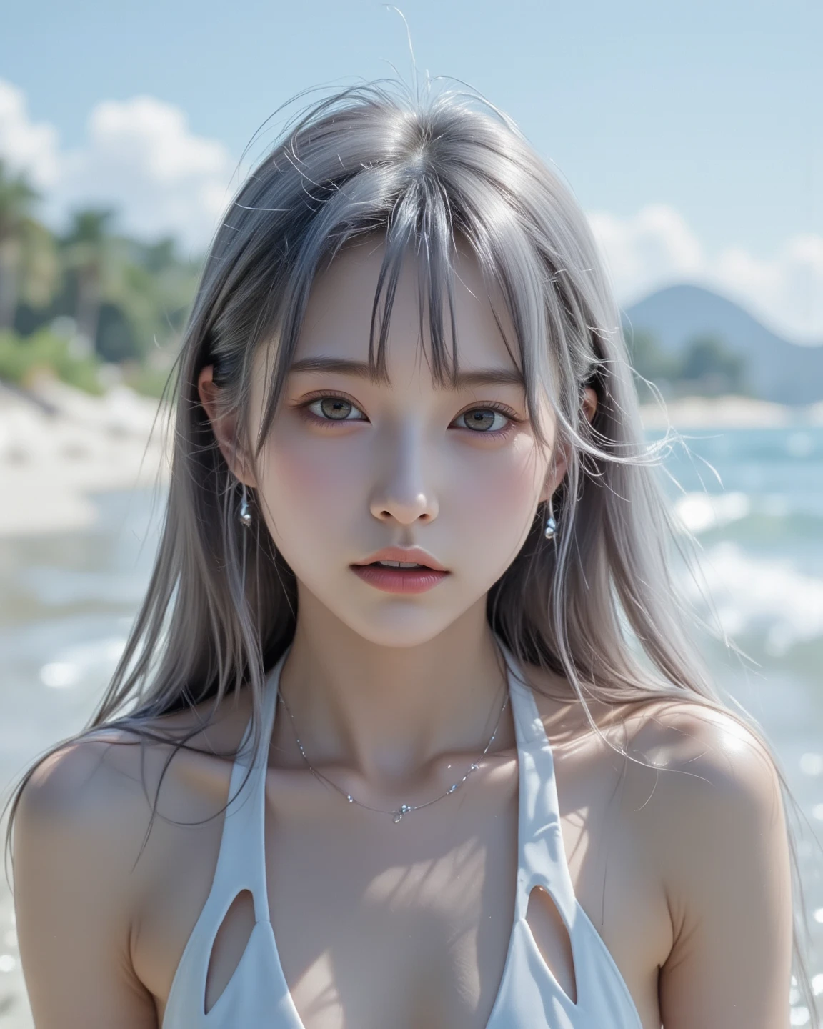 8k, Ultra-Realistic Photo of a Stunning Anthropomorphic Female Dragon, Beautiful and gorgeous, Wear a swimsuit, Located on the lake, Gray Hair, curl, Ultra-radiant skin, Wet_skin, The magnificent composition evokes a sense of awe, Surreal、Very detailed, Excessive emotion, Spectacular lighting, 32K Ultra HD resolution, Continuous shooting with Hasselblad H6D 400c, Midacom Speedmaster 35mm f 1. 2 XCD --Style expression --ar 1:2 --upanime --niji 5 --q 3、Perfect body、1 female