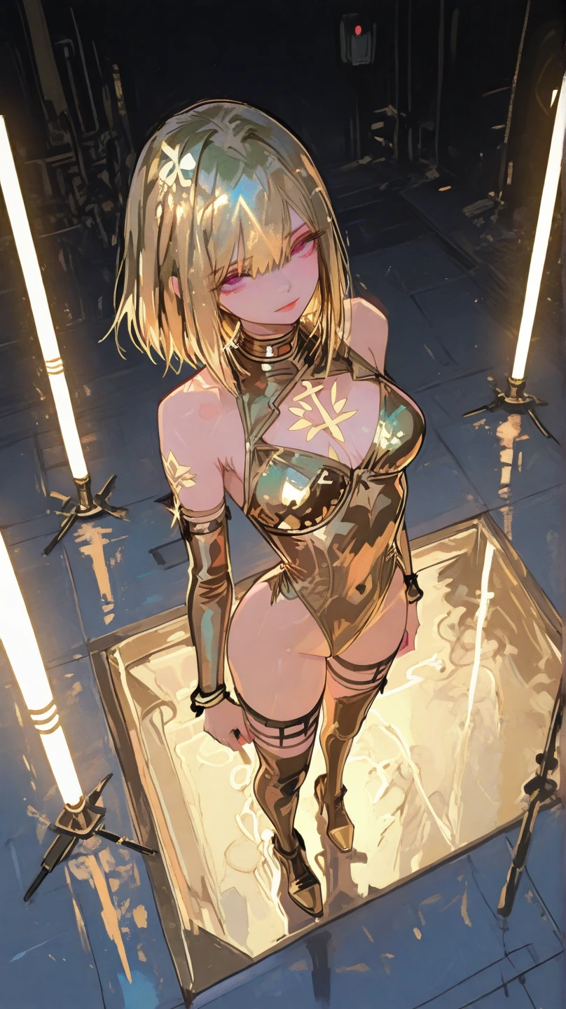 
score_9、score_8_up、Female 1 person、solo、front、Hourglass Shaped Body、Athletic build、Blonde Hair、Tanned brown body、Brown eyes、Firm breasts、Toned body、Sunburn mark、Shiny skin、naked、Ball gag、Blindfold、、Are standing、Drooling、Trembling、Body Lighting、Condom Belt、breast harness、hands chained、In a cell、Subjective、His arms are chained to the ceiling、Raising his arms