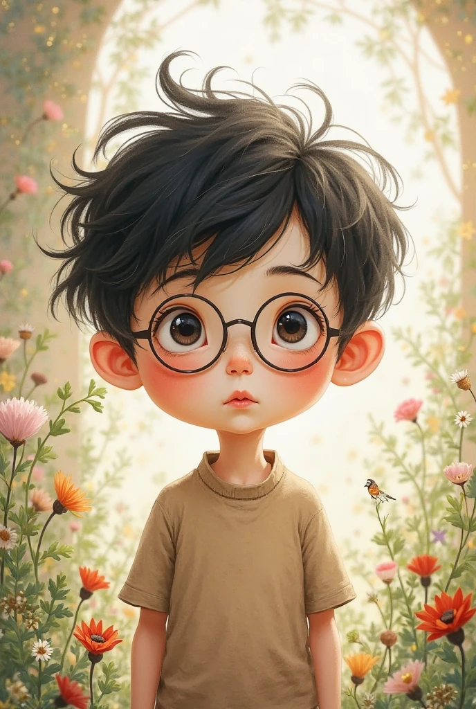 boy with glasses and reflections in them with medicinal herbs on the sides in a morning light environment