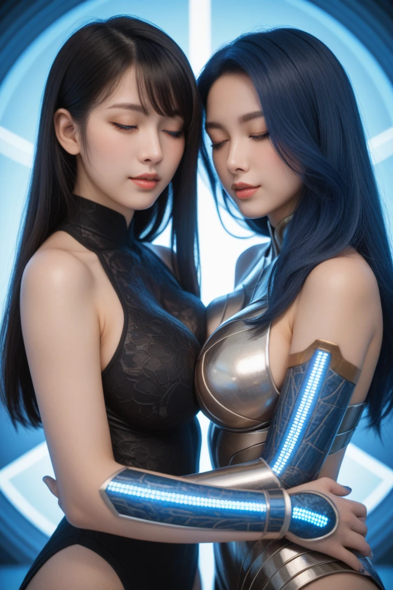 ((masterpiece:1.4)、(top-quality:1.4)、(reallistic:1.7))、masuter piece:1.4、Beautiful Girl Dirty Pair、(Beautiful Girl Space Investigator Dirty Pair:1.4)、Duo of Yuri and Kei、(Two people cuddling:1.4)、Body Fit Sexy Investigator Duo Uniform、(Glossy luxury latex:1.4)、(White Sleeveless Uniform Jacket)、(Underwear Red Sexy Super Ultra Bikini)、(Luxury Red Latex:1.4)、age19、(Cute tattoos:1.4)、(Wearing white gloves)、Kawaii Girl、Super beauty、foco nítido、Portrait photos、Upper body photography:1.4、beautiful countenance、beautidful eyes、Narrow waist、beauty legs、(Yellow-haired Kei and blue-haired lily:1.4)、(length hair:1.2)、Beautiful udder、large full breasts:1.2、Sexy ass、Raw photo、red-lips、Red high heels:1.4、a choker:1.4、a necklace:1.4、耳Nipple Ring:1.4、1 screen display、cyberpunkcity:1.2
