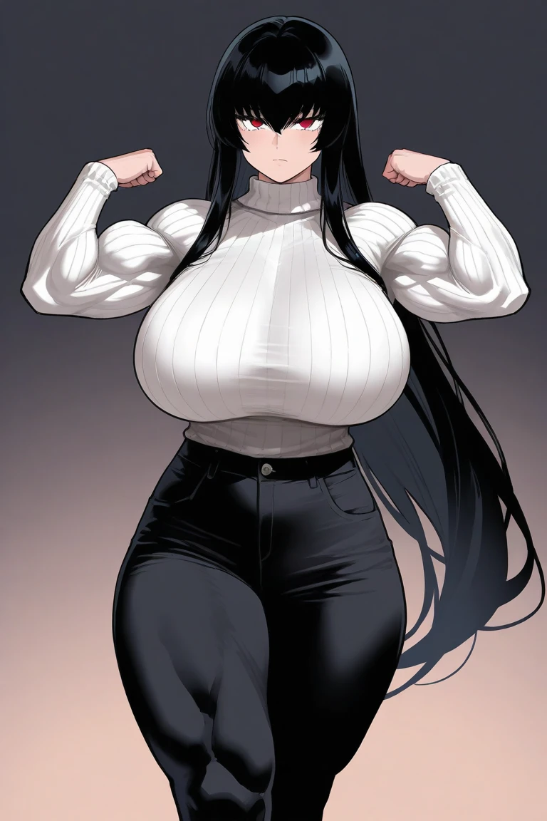 Big woman, nervous, in tight clothes, embarrassed to be seen, very tall, broad shoulders, long black hair, virgin killer sweater, bulky, muscular, tone body, in a high end restaurant