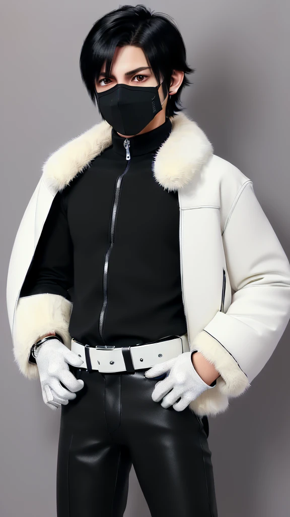  Final fantasy taste and reality graphics, Japanese young cute and cool ikemen  boy, his age is early 20s, thin eyebrows and beady eyes,  he wearing light brown color  very thick shearling jacket, jacket is no leather and waist length, fur color is white,
also wearing black very thick turtleneck lackluster shirts,  tight black leather pants, shiny black leather tight and must put on a thin leather glove both hands, black leather knee-high raceup boots,must views  head-to-toe,must views whole body, boy looks like fashion model,Do not show skin from the neck down,leather jacket leather glove and leather pants have few wrinkles,boy in the room,,Avoid showing your innerwear, (((improvised gag))), (((tape gag))), (((wrap around gagged))), panicking,bondage, (((beige duct tape))), scared 