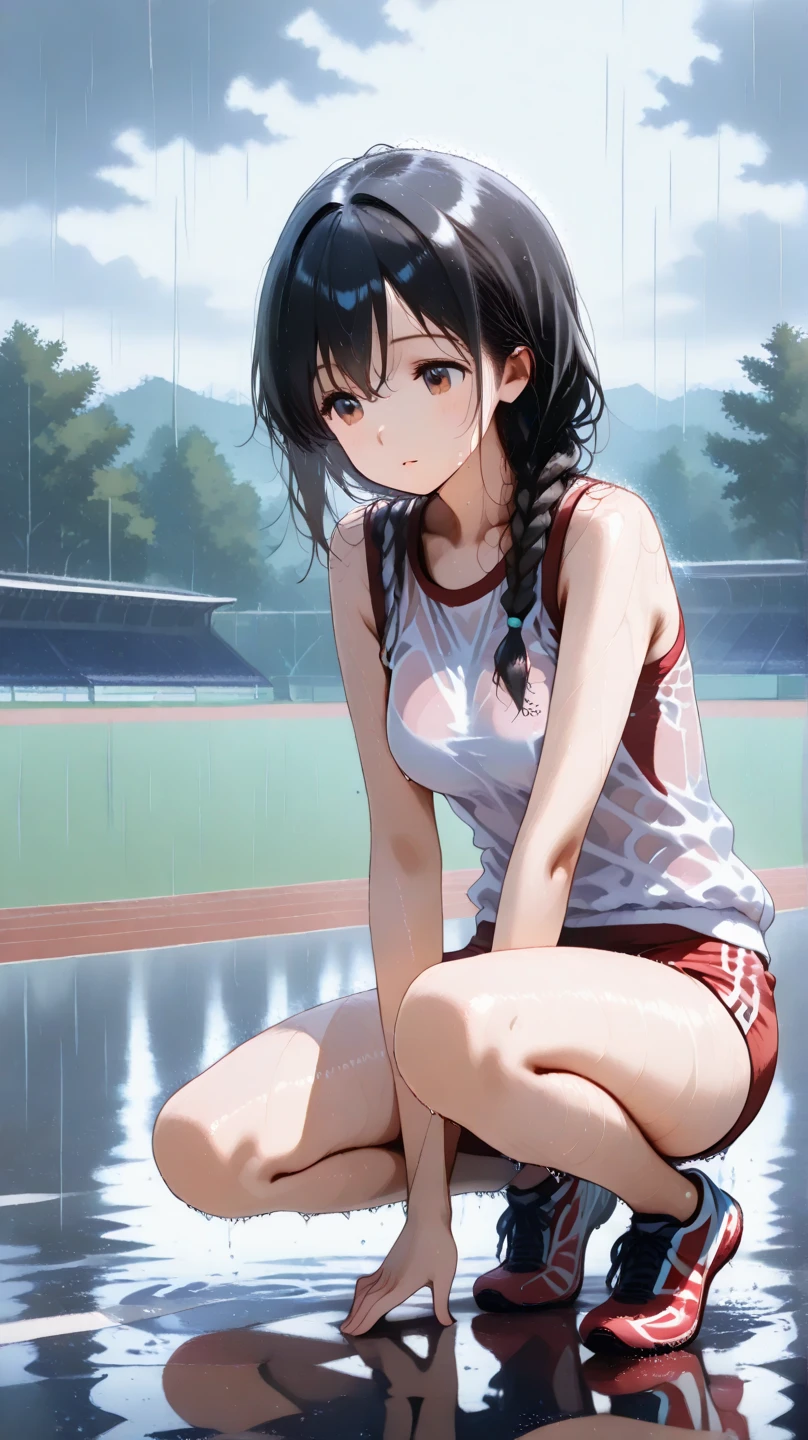 ((((absurdres, RAW photo, extremely delicate and beautiful, masterpiece, Best Quality, ultra high resolution, 32k, hyperrealistic, ultra-detailed)))), in her 20s, very Slim body, narrow waist, very small head, very small face, delicate facial features, beautiful face, beautiful eyes, very huge round tits, medium hair, black hair, wavy hair, tearful mole, earring, full body shot, ((volleyball uniform)), ((gymnasium)),
