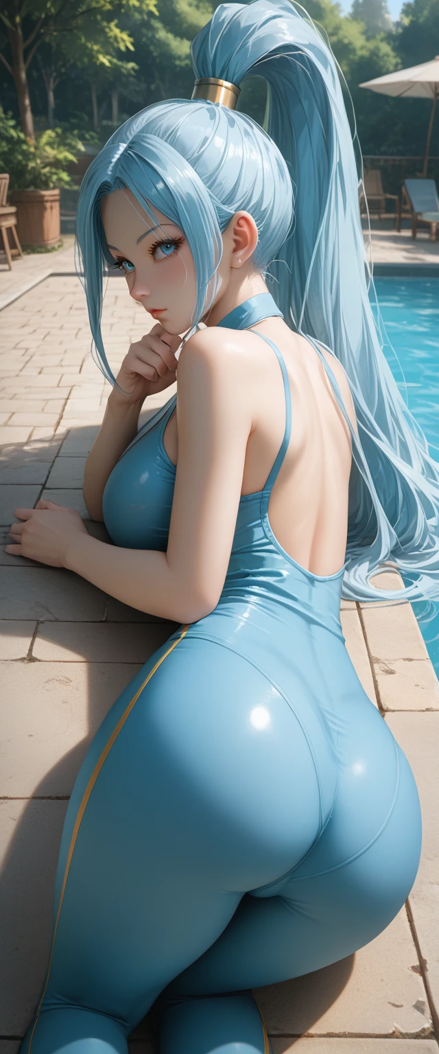 ((ultra qualidade)), ((Obra de arte)), ((8K)), ((aqua)), the Goddess of Water, ((cabelo azul)), (rosto bonito), (), encantador, ((curious facial expression)), looks at the camera with a slight smile, olhos fechados um pouco, (cor da pele branca), (Pele branca), brilho no corpo, ((lindos olhos femininos detalhados)), ((olhos azuis)), (beautiful female lips), (delineador escuro), (beautiful female hands), ((figura feminina ideal)), corpo feminino ideal, Cintura linda, lindos quadris, medium breasts, (Pano: Aqua costume), ((sutil e lindo)), senta-se sedutoramente no trono (), Fundo: todo preto, floor in the form of black and white squares, there is water, ((profundidade de campo)), ((high quality clear image)), (detalhes claros), ((alto detalhe)), realisticamente, ((foco claro)), anime.