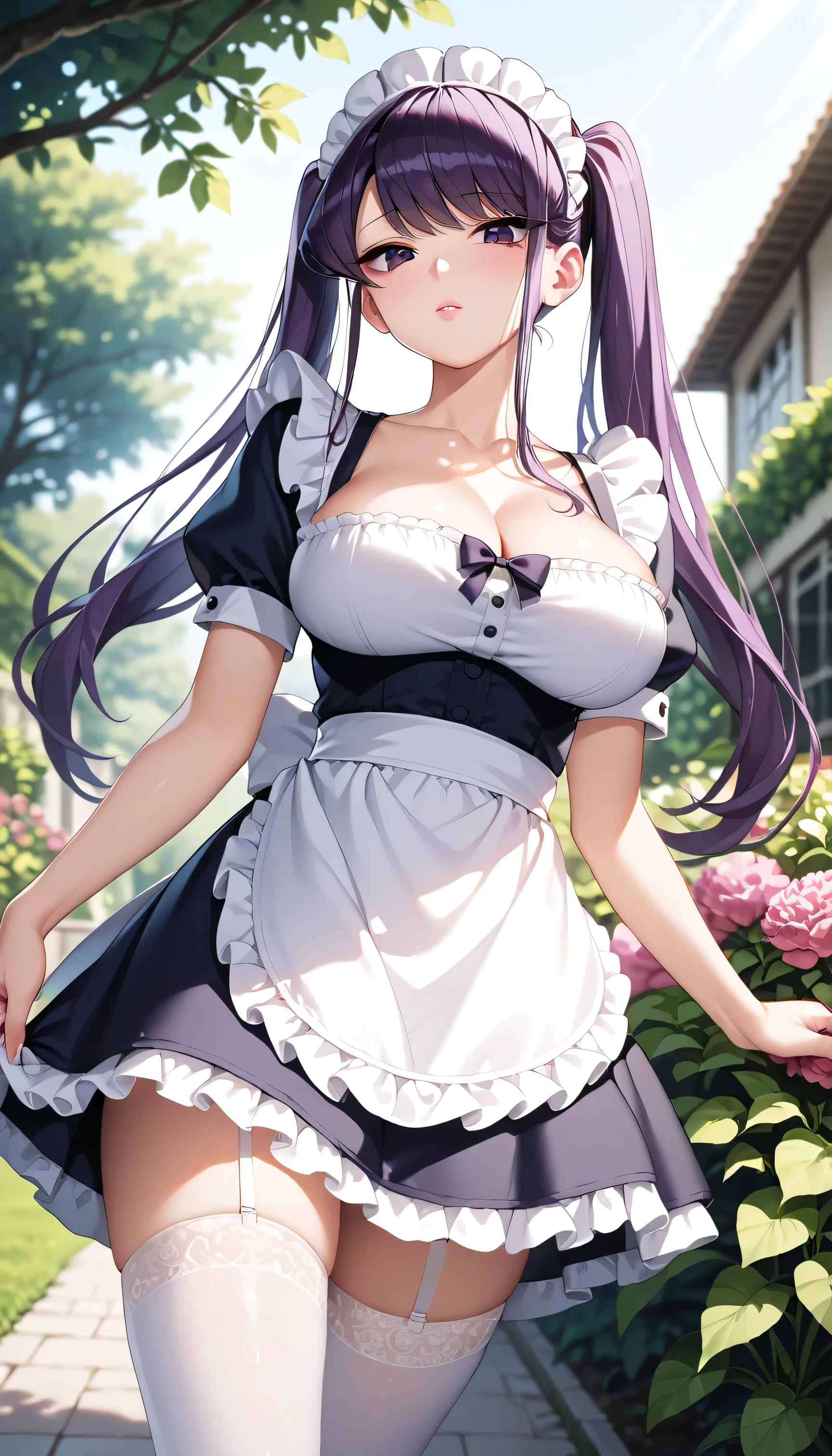 最high quality, high quality, 16K full body image, Ultra-detailed details, pretty girl, alone, beautiful purple hair, Beautiful purple eyes, Big Breasts, A light smile, Summer clothes, Summer Maid clothes, I'm lifting my skirt, Blue and white color striped underwear(Bikini swimsuit under skirt), My crotch is wet with love juice, {{A succubus who steals the face skin and maid uniform from the girl she likes and plays pranks on her、I'm wearing a maid outfit while pretending to be the girl I like.}}, The girl I like is a high school girl, Full body image, NSFW