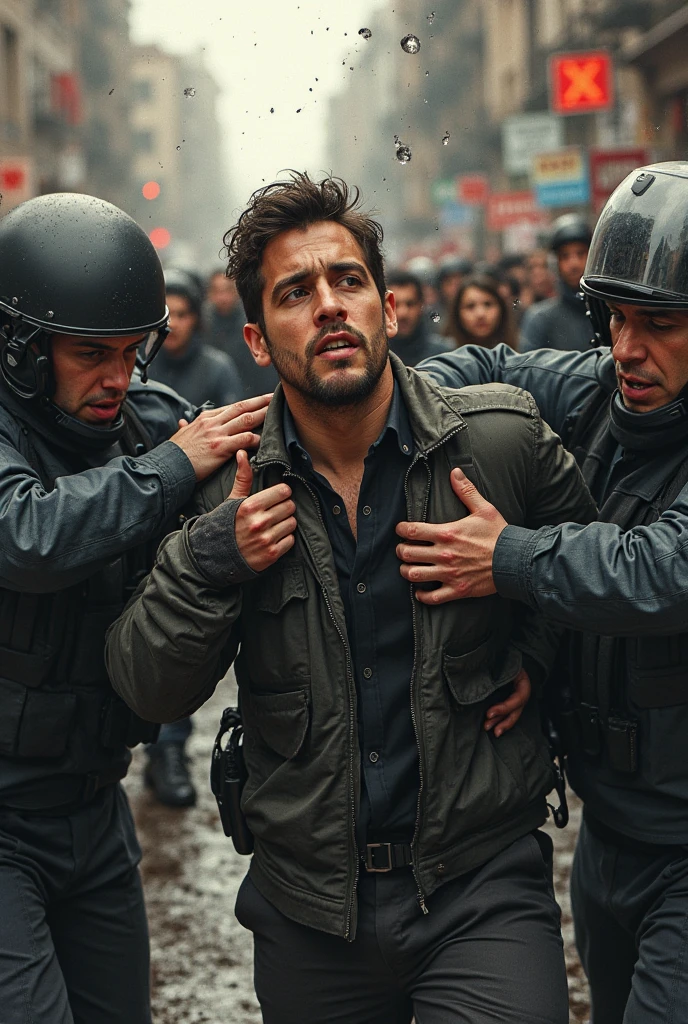 Military arresting bandit, with people looking in the background, 2 military, a tattooed gangster, hand cuffed, Police vehicle in the background, Bandit wounded in the stomach