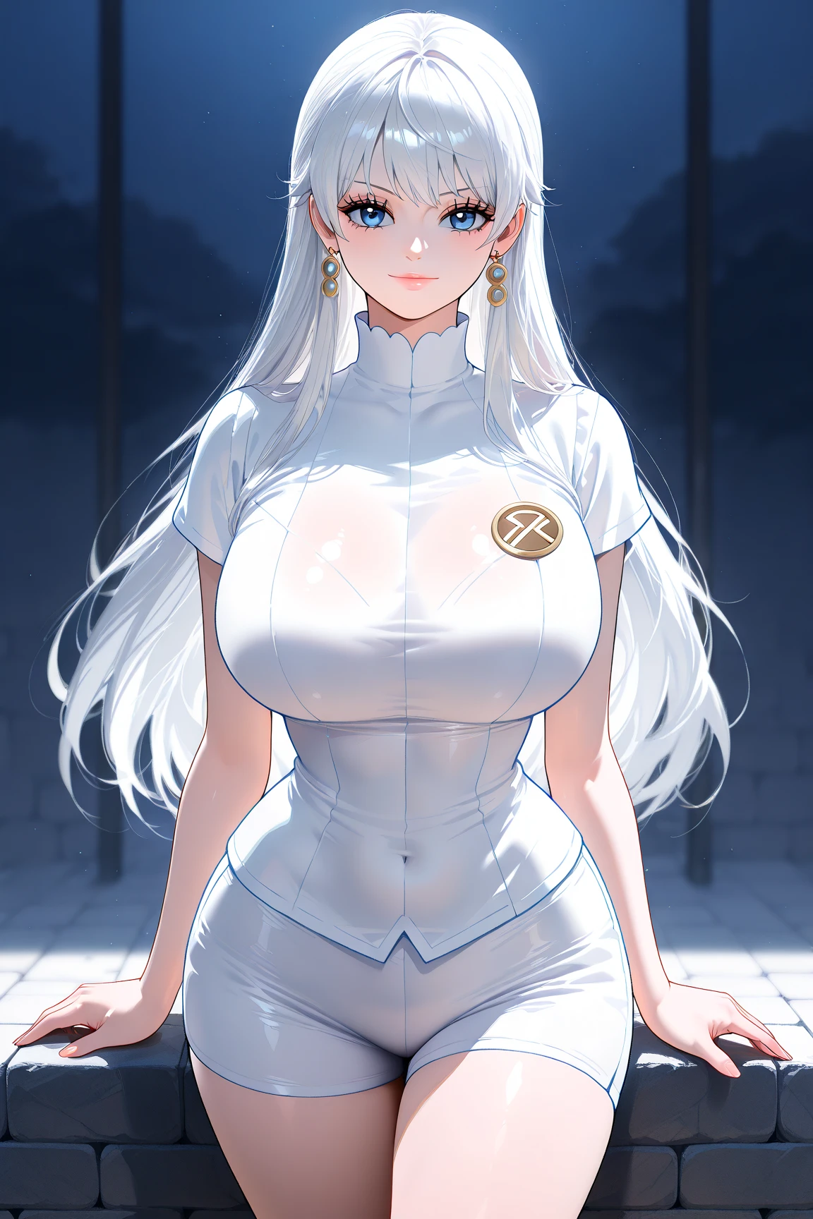 there is a woman with long hair wearing a white jacket and a bow tie, korean girl, cleavage, white hair, short skirt, standing