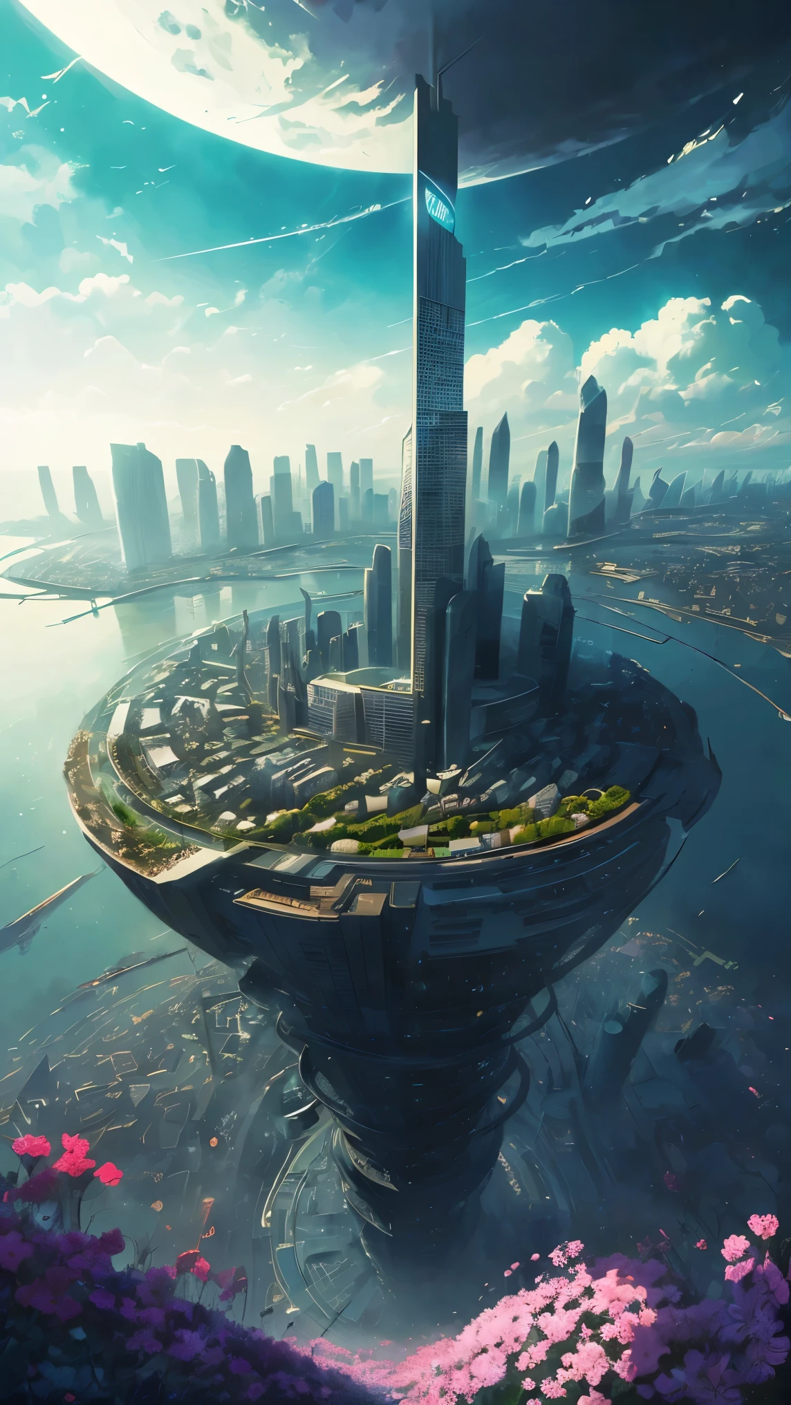 A fusion of nature and man-made,Digital animation art at its best,((city floating on air)),((masterpiece:1.4)),Skyscraper covered with greenery and colorful flowers,Best Work of Art,A Utopia of the Far Future,Futuristic and nostalgic,high contrast during the funeral,Extremely Aesthetic ,super fine, very detailed,Professional Writing