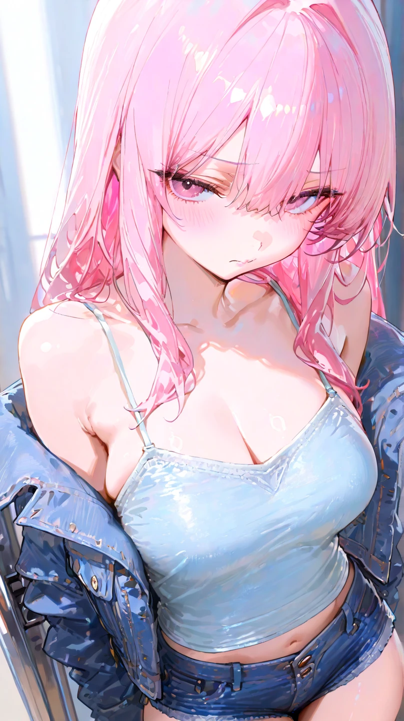 ((best quality)), ((masterpiece)), (detailed), perfect face , Blushed cheeks, very big breasts, underboob, tank top , No bra, Sexy, Long hair covering her eyes, Half naked, wet , Demon , bad girl , ahegao face