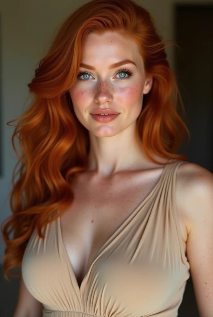 ((best quality)), ((masterpiece)), (detailed), beautiful Chubby Woman, irish redhead, long wavy ginger hair, light freckles, grey eyes, (big breasts), huge hips, curvy body, voluptuous, (fantasy art:1.3), highly detailed face, beautiful artwork illustration, low key, shallow depth of field, sharp Focus, (rating_explicit), (score_9, score_8_up, score_7_up, score_6_up, score_5_up, score_4_up) high res, masterpiece, skin dentation, detailed skin texture, high cheekbones, slightly chubby, very sexy, lewdseductive, in a garden, (topless)