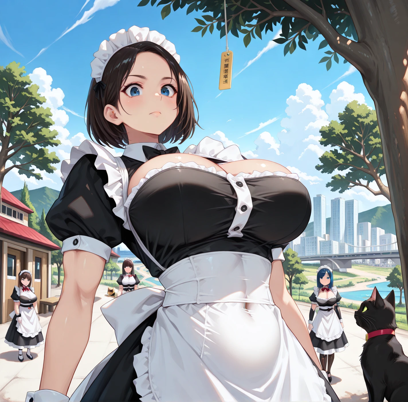 (1 solo short skinny girl standing alone:1.4), (solo), (bending back:1.3), turning chest upward, (arms behind back), emphasize cleavage, collarbone, BREAK, hanging (disproportionately gigantic huge perky breasts:1.6) dispite short body, frilled ribbons cinche both sides of breasts, (thin skinny long legs:1.2), BREAK, (too narrow wiry corset cinches waist too tight:1.2), (inconceivably thin narrow waist:1.3), (inconceivably short torso), (frilled very short skirt:1.5), emphasize thigh gap, black thighhighs, BREAK, nose blush, nsfw, open mouth, (heavy breathing:1.2), show off huge breasts for viewer, (orgasm), screaming