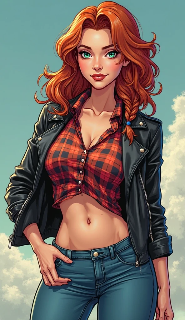 green solid background, 1 woman, best quality, ultra high res, long hair, red hair, green eyes, full lips, ripped jeans, no graphic white t-shirt, short sleeves, mad at viewers, double D breast, standing, on a Harley Davidson