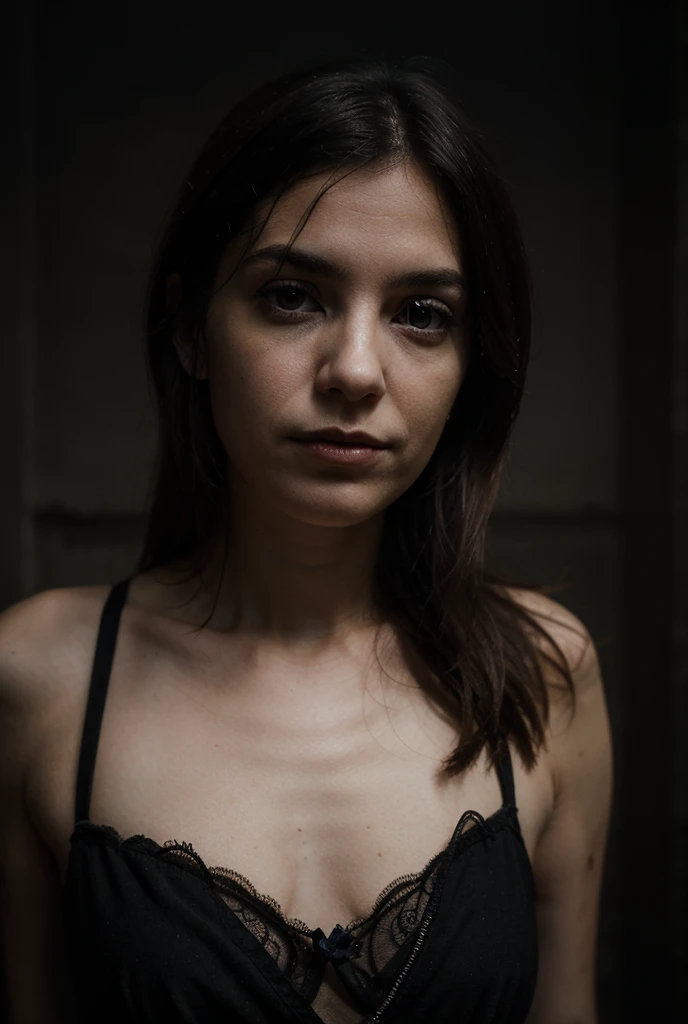 raw Hyperrealism Photographу Jennifer Haben, lead vocalist of German rock band Beyond the Black, in a dramatic pose with her signature powerful voice on full display. Frame the shot with a dark and moody background to emphasize her intense expression. Highlight her striking features with warm lighting that accentuates her bold makeup. bare shoulder, (underwear:1.1) (detailing of linen:1.1) (masterpiece:1. 5), (Best quality:1. 5), NSFW(NSFW:1.1), uncropped unprocessed raw photo, perfect hips (perfect hips:1.1) bare navel (bare navel:1.1) perfect face (perfect face:1.1),Compose the image with a shallow depth of field to blur the background and focus attention on Jennifer's face and shoulders. In the foreground, have her holding a microphone or guitar to symbolize her musical prowess. Incorporate subtle rock-inspired elements in the background, such as concert tickets, music sheets, or stage lights, to reinforce the theme.