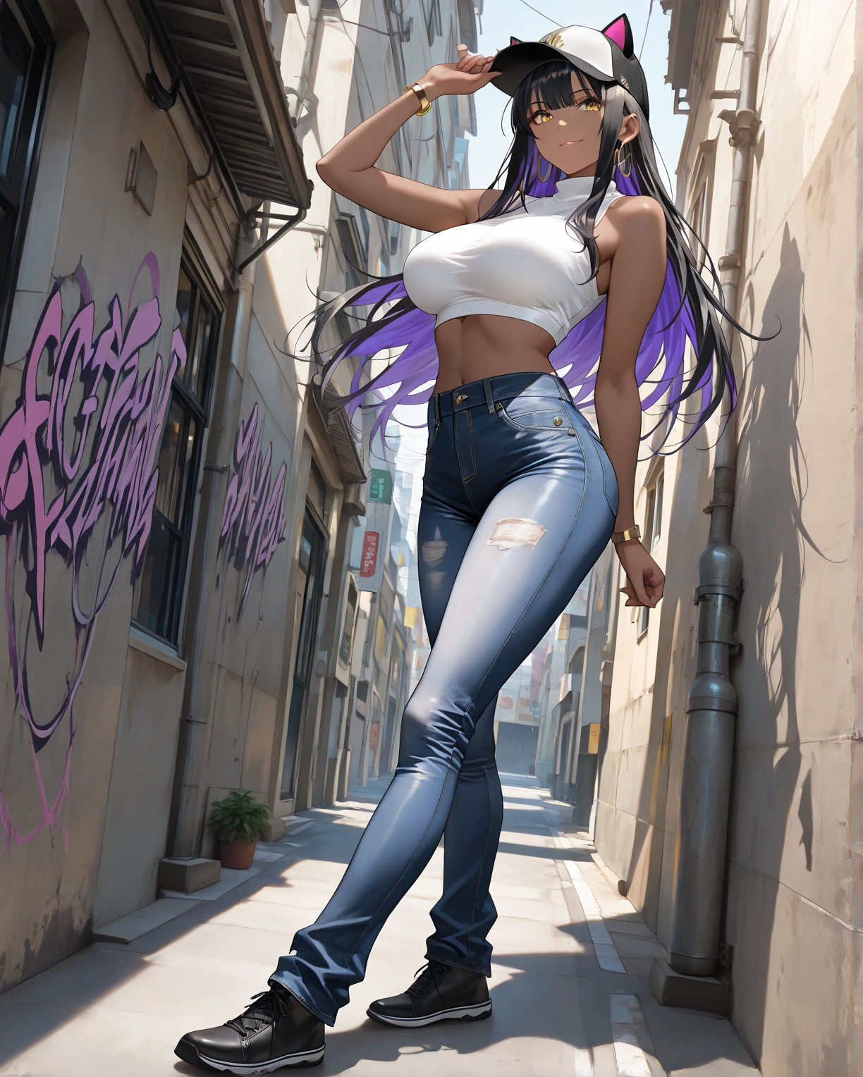 (masterpiece:1.37), best quality, (extremely detailed:1.37) woman, (adult:1.5), (very long hair:1.5), dark purple hair, purple eyes, (extremely detailed eyes:1.37), large , crop top, cleavag, (tight jeans:1.5), (wetting:2.0), standing straight, full body day, daytime, glow, facing viewer, perfect composition, full body, city, street, anime style
