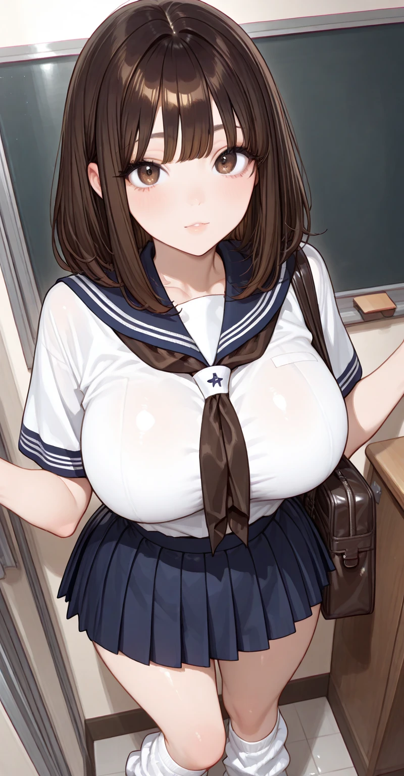 high-level image quality、

Female A(A dark-haired、bob cuts、Red Eyes、18year old、Short stature、bbw、 plump curves、Soft and round、 Adorable appearance、 sweet temperament、large full breasts)、 ((Blushing face))、(a sailor suit、Dark blue high socks、Brown loafers、Big black backpack)、Inside the station、Leaning against the wall