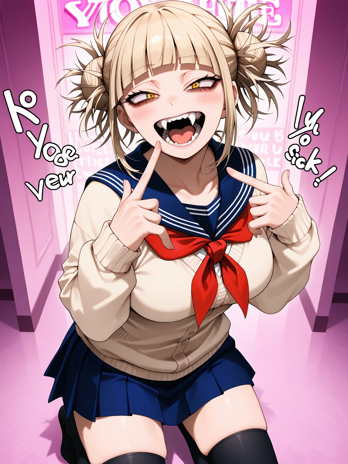 toga himiko,1girl,solo,Females in heat,blush,blonde hair,yellow eyes,narrowed eyes,blunt bangs,open mouth,fangs,cardigan,long sleeves,neckerchief,red neckerchief,gigantic huge breasts,condom in hand,looking at viewer,standing up,sex hotel background