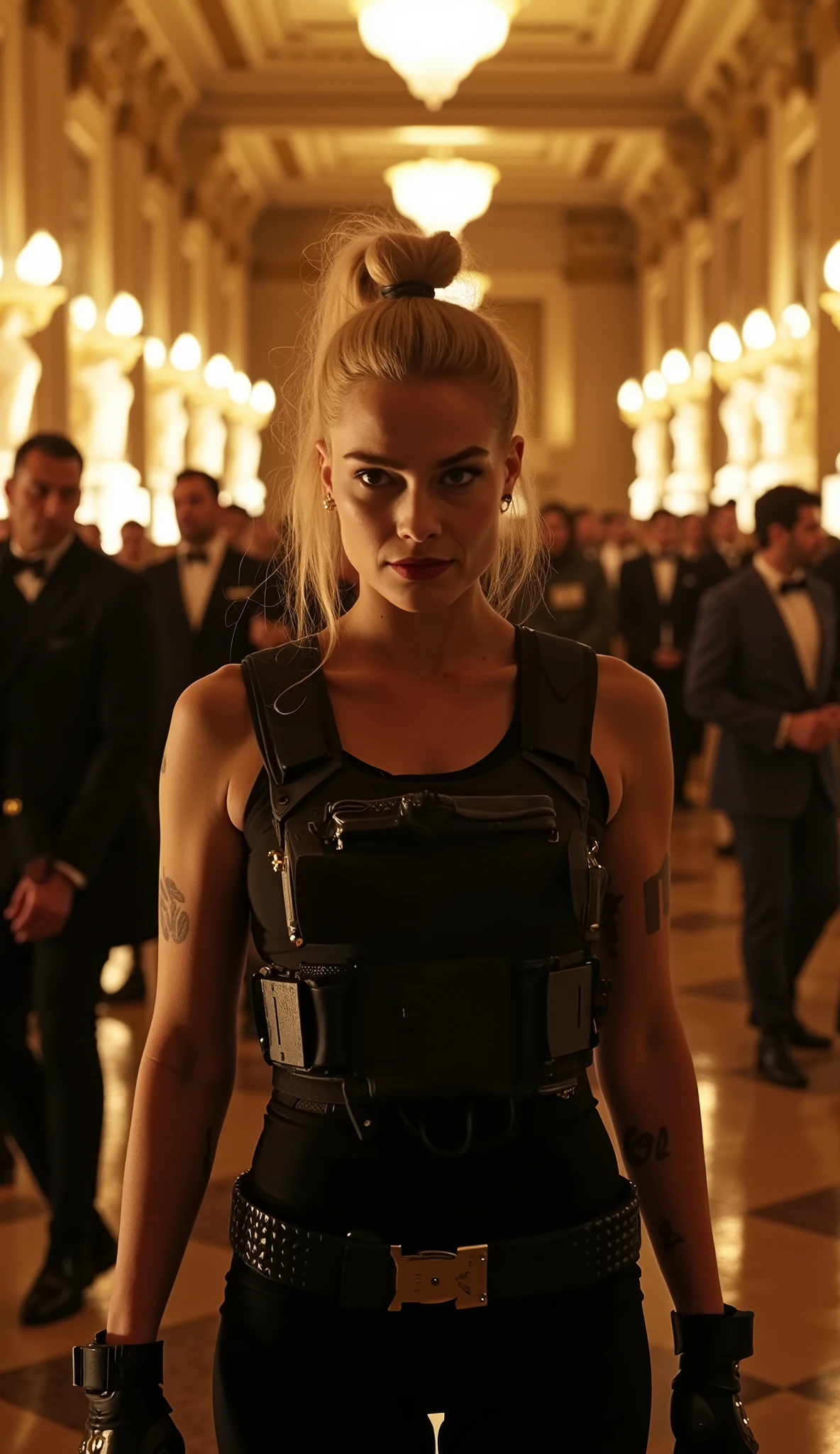 Margot Robbie playing Cassie Cage with a modern tactical visual: Fitted black vest, luvas de combate, Stylish tied hairstyle , confident and daring expression. upper body highlighted. Hyper-realistic cinematographic background of a famous museum filled with rich and influential people, vestidos de gala, illuminated sculptures, classical architecture with golden lights. Atmosphere of action and luxury in contrast, with spy movie aesthetics.