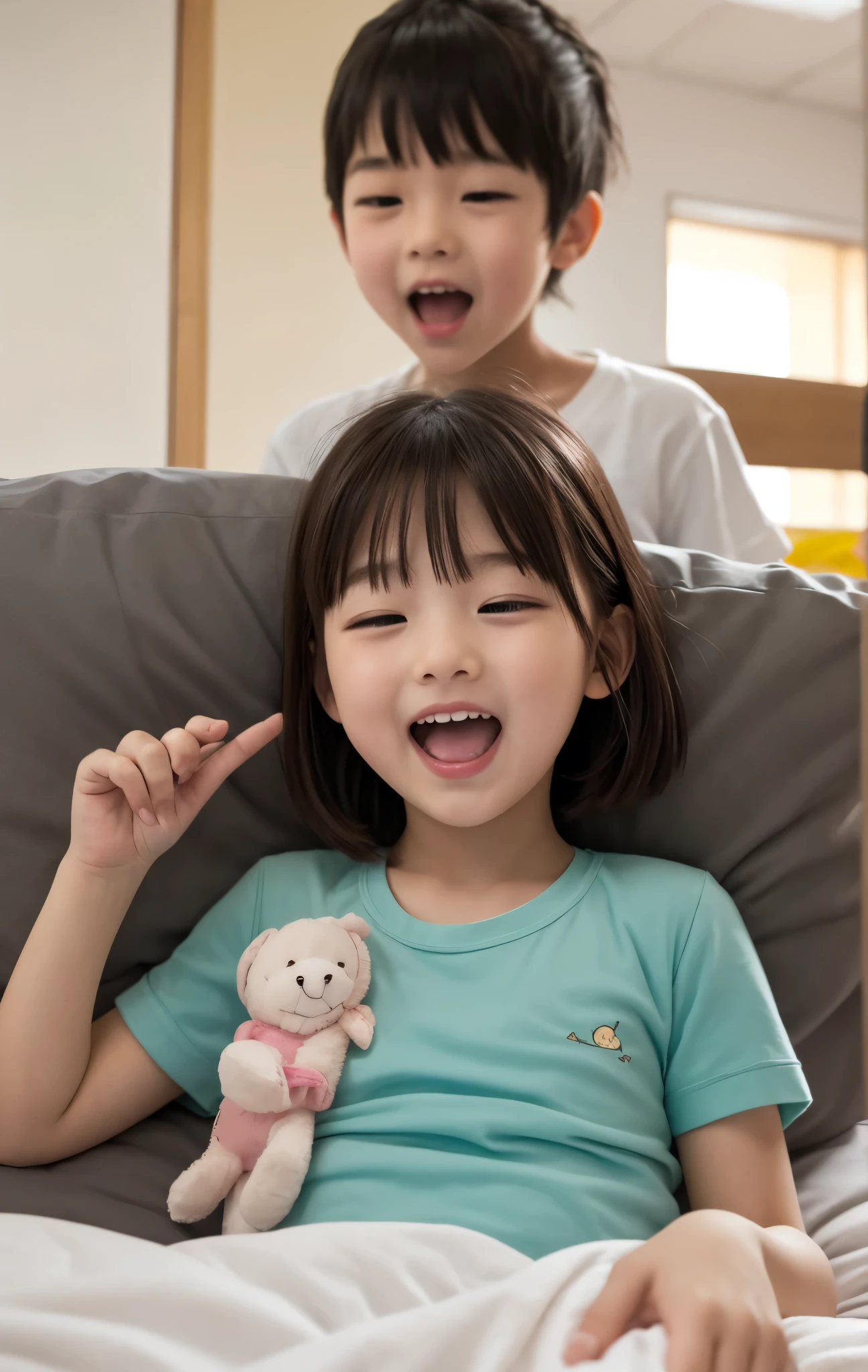 There is a baby sitting on the bed,Holding a toothbrush in his hand, cute男孩, cute, Portraiture, Sweet and innocent, cute, picture, Pretty cute, Looks cute, cute女孩, Promotional picture, Innocent smile, Charming smile, cute cute, Subtle details,, Innocent face, photo shoot, A calm smile, Child,baby。Round face,cute小女baby