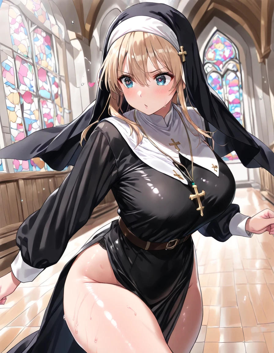 Straight gray hair、Blue Eyes、Big Breasts, Smiled、clergyman:1.5、Nun Dress，Slit Sisters Dress、Knee socks、Pretty black outfit:1.5、Inside the church、(highest quality),(High resolution),(full intricate details),(Full and detailed face),(Very high quality artwork),(Extremely detailed 8K CG),((Perfect piece) ), (((masterpiece)))、 、thin waist and limbs、Early teens、One Woman、Large amounts of white mucus:1.5、Sweat:1.5、Spread your legs、Exposed genitals:1.5、White mucus coming out of the genitals:1.5、
