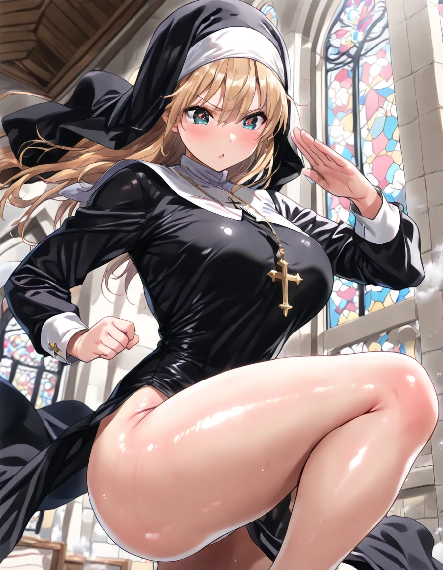 1girl, tidy, futanari, small penis, Bulge between the legs, tiny girl, young girl, mesugaki, mesugaki smile, Nuns, nun's costumes, Teasing, naughty looks, heart eyes, A girl pointing to her own head:1.3, tidy, Focus on the girl, glossy skin, oily skin, Gravure, pinup, junior idols, Sound, Masterpiece:2, Top Quality, high Quality, Very Detailed, ultra High Resolution, super High Resolution, Beautiful Detail, Dynamic angles, perfect lighting, 8k, Animation Style, cartoon style, game cg, sfw,