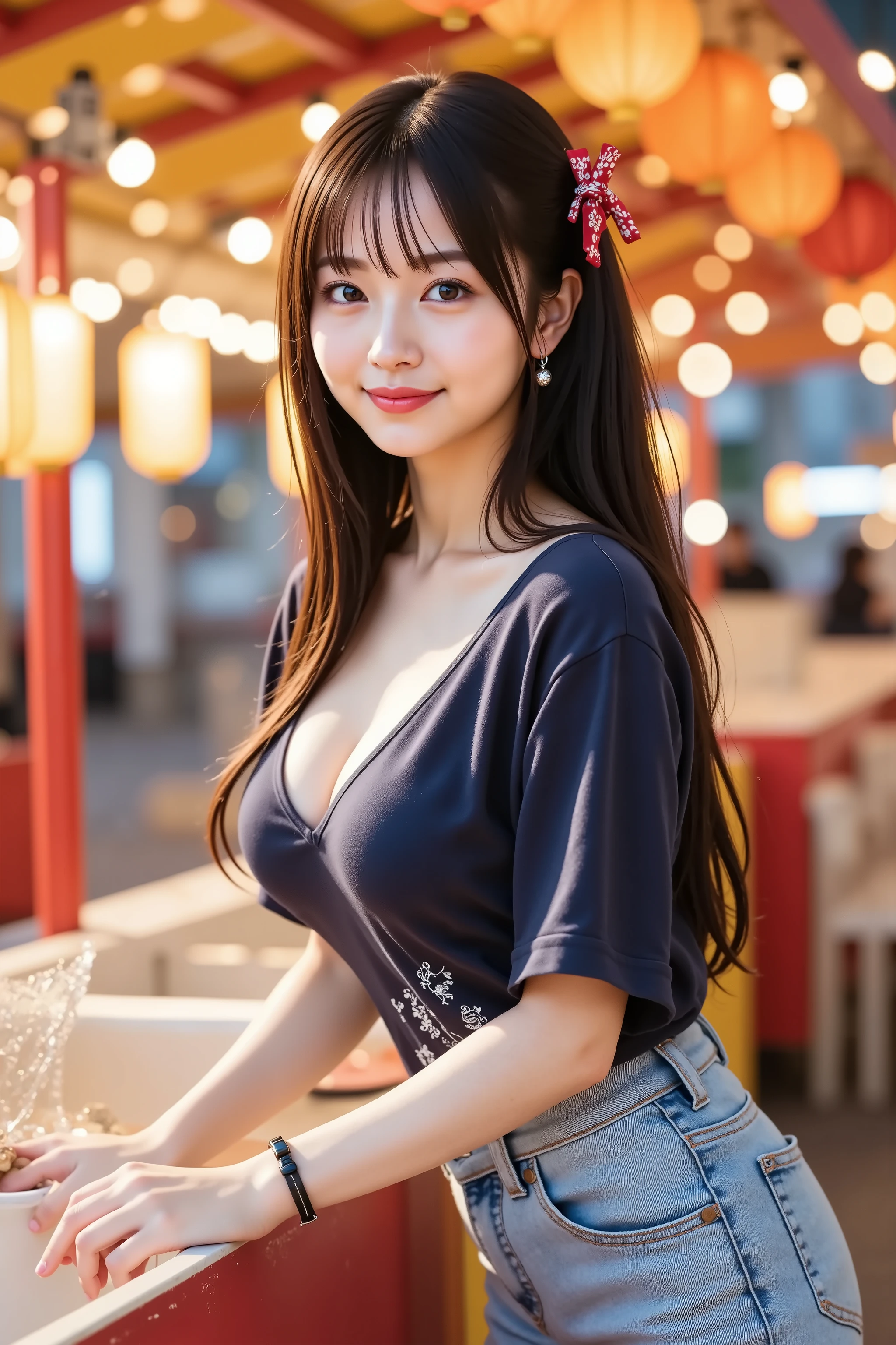 ((A photo of squatting school girl:1.37, from side)), (Realistic, Photorealistic: 1.37), (Masterpiece, Best Quality: 1.2), (Ultra High Resolution: 1.2), (RAW Photo: 1.2), (Sharp Focus: 1.3), (Face Focus: 1.2), (Ultra Detailed CG Unified 8k Wallpaper: 1.2), BREAK, (Beautiful Skin: 1.2), (pale Skin: 1.3), (Hyper Sharp Focus: 1.5), (Ultra Sharp Focus: 1.5), ( Beautiful pretty face: 1.3), (super detailed background, detail background: 1.3, detailed night sandy beach view under fireworks background:1.3), break, very cute and beautiful Japan pictures of women, (school girl model), professional attire, (18 years old: 1.1), portrait of a stunning girl with a light seductive smile, upper body image, When viewed from the front, the composition is symmetrical, (Studio lighting: 1.3), (Cinematic lights: 1.3), ( backlight: 1.3), dim lighting, lighting that covers the whole body, looking straight at you, (sexy model pose), break, (mahogany half up thin hair: 1.2), dark brown eyes, beautiful eyes, princess eyes, ((mahogany hair:1.3)), single hair, bangs, Hair between eyes, Long hair, (voluptuous:1.37), curby, (gigantic-breast;1.37, sagging breasts:1.37, big breast:1.37, big cleavage:1.37), (thin waist: 1.05), (detailed beautiful girl: 1.4), (Chest squeezed together, View viewer, (school gril uniform:1.3, white collard shirts, navy tie, dark-grey pleats skirt)), Solo, Parted lips, Red lips, (shiny skin), sweat, (light seductive smile:1.15), ((Perfect Female Body)), (Upper Body Image:1.3), Frame Head, Perfect Anatomy, Perfect Proportions, 8.5 Life-Size, Face Focus, Ultra Realistic Photo, Hyper Sharp Image, Hyper Detail Image,