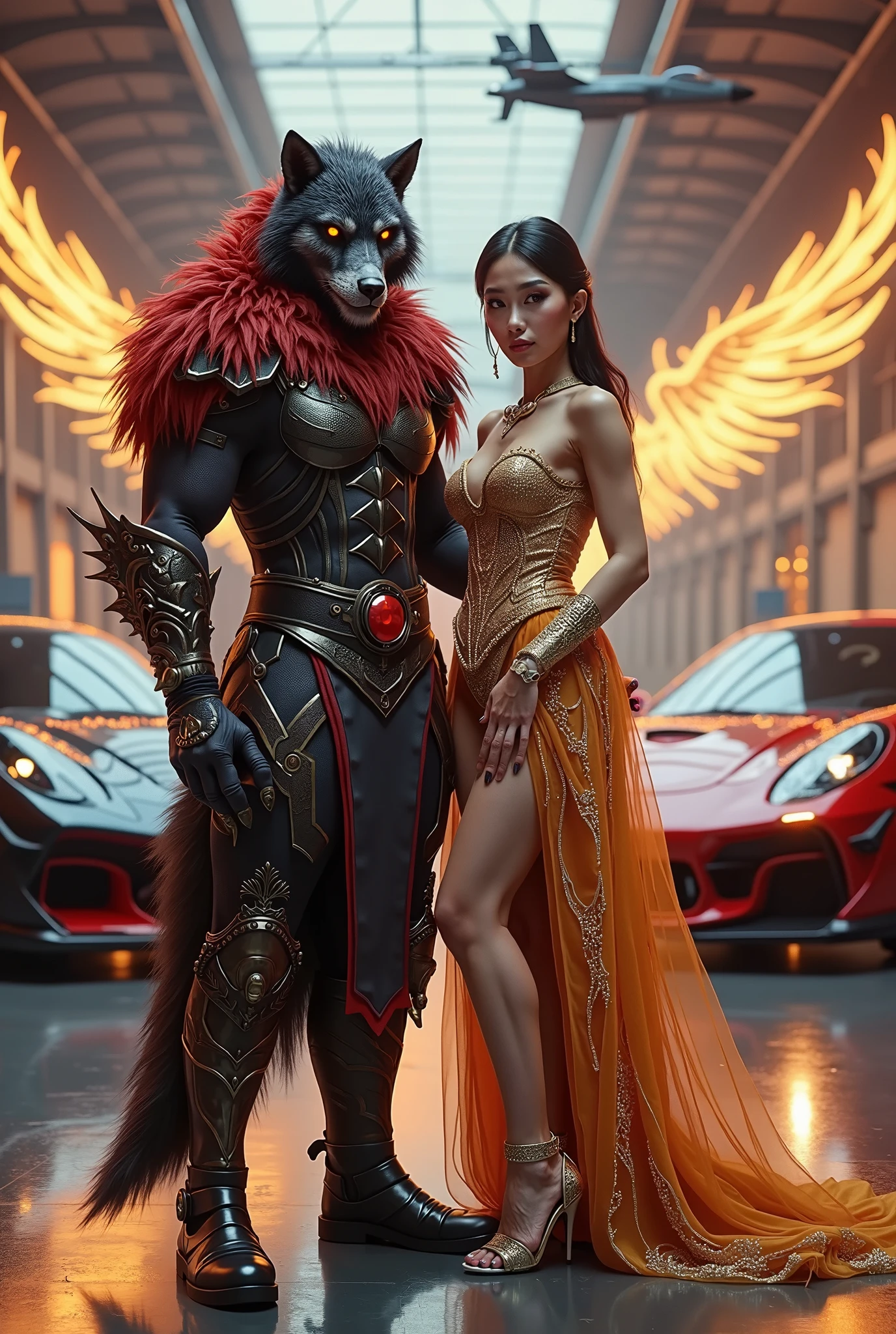 A spider woman dressed in red with elegant clothes and a werewolf dressed in brown together in a battle with the werewolf, Mystical symbols, High definition faces, magical fantasy style by Ricky Carralero, Cara hiper detallada, fotorrealista, Amazing composition, profundidad asombrosa, imponente, meticulosamente compuesto, Arte conceptual de 16k