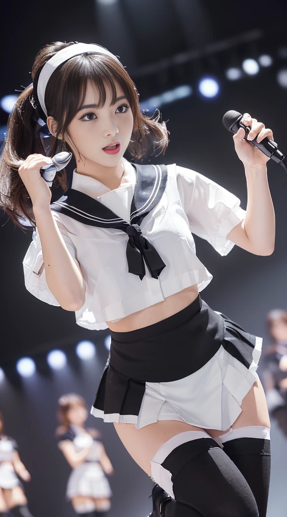 (8K), (highest quality: 1.2), (realistic), (realistic: 1.47), ultra high resolution, 1 girl, cute, smile, closed mouth, (thick lips:1.2),red lip,(Purse your mouth),beautiful details, beautiful nose,(Straight shiny black hair),(With a black ribbon on her head),(ponytail hair),Crouching on the concert stage,open legs,white panties,hold the microphone in your right hand,Bend your elbows and raise your hands,(University Student Uniform,I can see the nipples,tie,Tartan check pleated skirt,Bruny High Socks:1.2),(Close up on wet thighs:1.2),(knees),(super low angle:1.3),(medium shot),