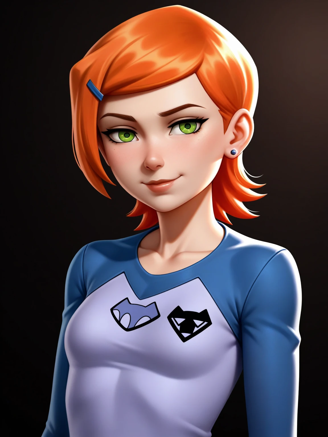 score_9, score_8_up, score_7_up,score_6_up, score_5_up, 1girl, looking at the viewer, gwen_tennyson, ben_10, 1girl, green_eyes, orange_hair