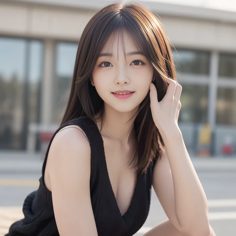 A girl wearing a black bra top and a white skirt, highest quality, figure, Very detailed, In detail, High resolution, 8k wallpaper, Perfect dynamic composition, Beautiful fine details, Natural color lip, Random sexy poses,smile,Aoyama Street Walk,20-year-old girl,No underwear,genital,pubic hair,A girl squatting with her legs apart